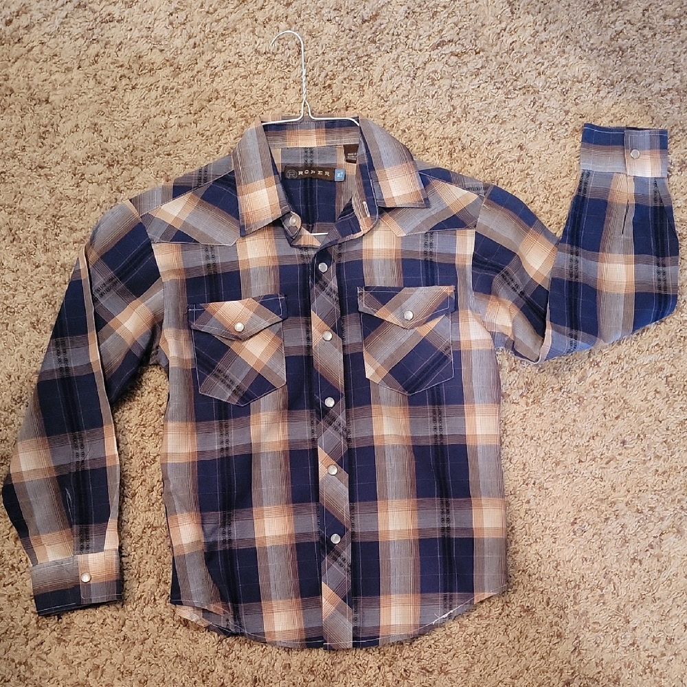 Roper Navy and Beige Plaid Button Down Shirt